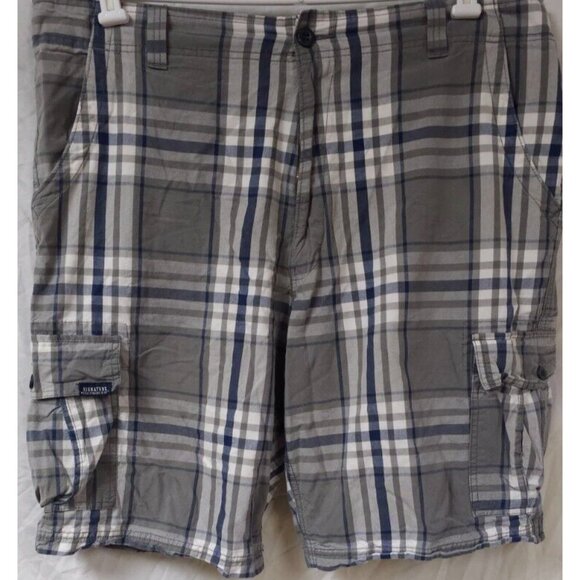 Levi Strauss Signature Mens 42Grey Blue Plaid Hike Cargo Shorts 11" Inseam - Picture 1 of 13